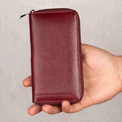 Unisex Big Size Zipper Leather Wallet With Mobil Phone Holder Burgundy - 5