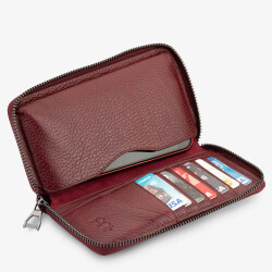 Unisex Big Size Zipper Leather Wallet With Mobil Phone Holder Burgundy - 7