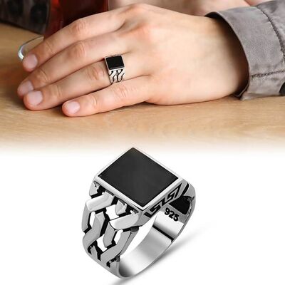 Chain Design Black Onyx Stone 925 Sterling Silver Mens Ring - 1