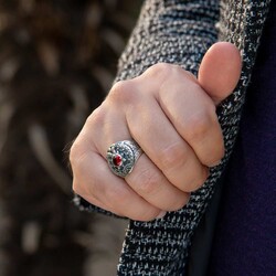 Çift Başlı Kartal Motifli Ay Yıldız Detaylı Kırmızı Taşlı Gümüş Polis Yüzüğü - 5