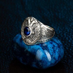 Çift Başlı Kartal Motifli Ay Yıldız Detaylı Mavi Taşlı Gümüş Polis Yüzüğü - 7