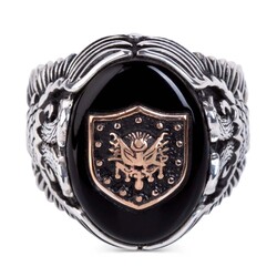 Çift Kartal Baş Motifli Siyah Oniks Taş Üzerine Gümüş Osmanlı Yüzüğü - 2