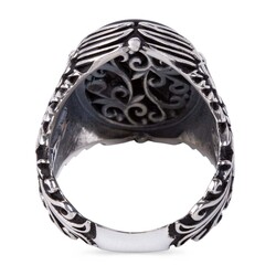 Çift Kartal Baş Motifli Siyah Oniks Taş Üzerine Gümüş Osmanlı Yüzüğü - 3