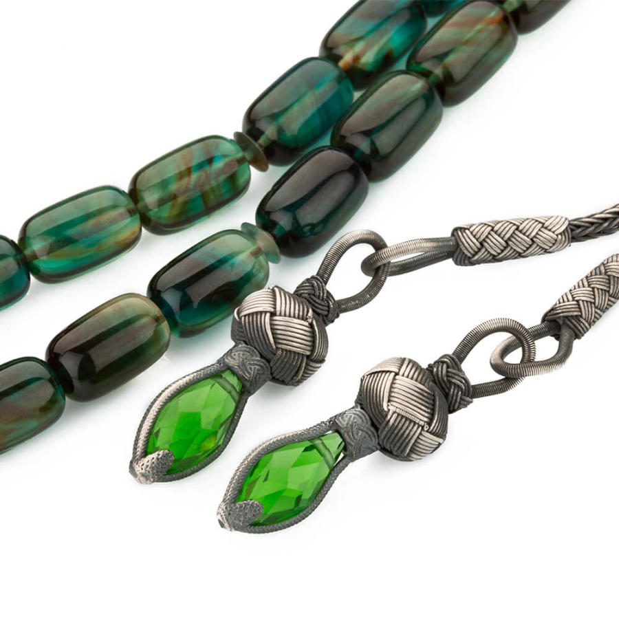 Çift Kazazlı Sıkma Kehribar Tesbih Hareli Koyu Yeşil Tonları