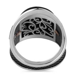 Convex Black Onyx Stone Modern Silver Mens Ring with Tughra - 4