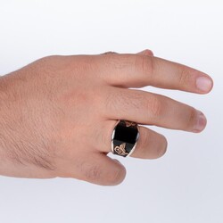 Convex Black Onyx Stone Modern Silver Mens Ring with Tughra - 5