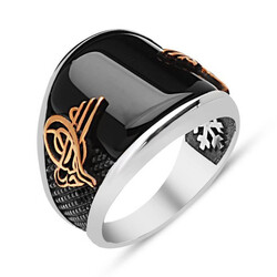Convex Black Onyx Stone Modern Silver Mens Ring with Tughra - 6