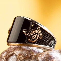 Convex Black Onyx Stone Modern Silver Mens Ring with Tughra - 1