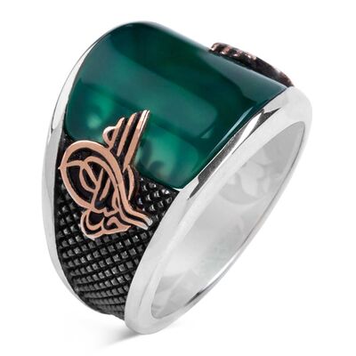 Convex Green Agate Stone Modern Silver Mens Ring with Tughra - 2
