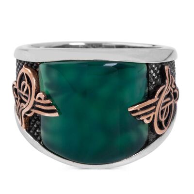 Convex Green Agate Stone Modern Silver Mens Ring with Tughra - 3