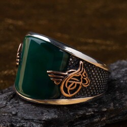 Convex Green Agate Stone Modern Silver Mens Ring with Tughra - 1