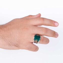 Convex Green Agate Stone Modern Silver Mens Ring with Tughra - 5