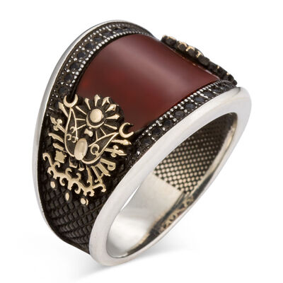 Convex Mini Stone Decorated Dark Claret Red Agate Ottoman Arma Sterling Silver Mens Ring - 1