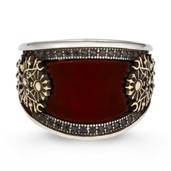 Convex Mini Stone Decorated Dark Claret Red Agate Ottoman Arma Sterling Silver Mens Ring - 2