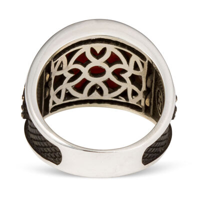 Convex Mini Stone Decorated Dark Claret Red Agate Ottoman Arma Sterling Silver Mens Ring - 3