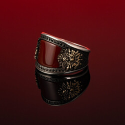 Convex Mini Stone Decorated Dark Claret Red Agate Ottoman Arma Sterling Silver Mens Ring - 5