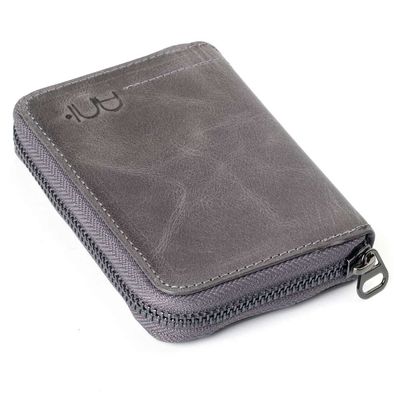 Zip-around Vintage Crazy Leather Card Holder Wallet Gray - 5
