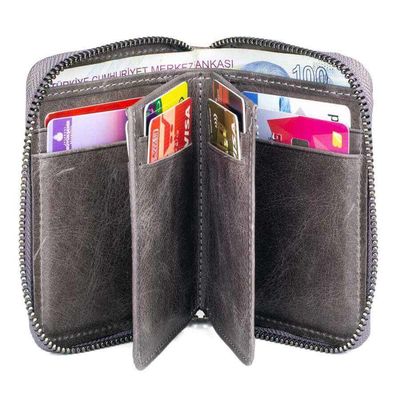 Zip-around Vintage Crazy Leather Card Holder Wallet Gray - 3