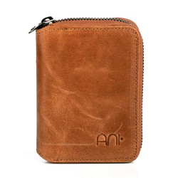 Zip-around Vintage Crazy Leather Card Holder Wallet Tan 