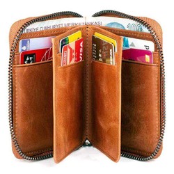 Zip-around Vintage Crazy Leather Card Holder Wallet Tan - 3