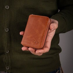 Zip-around Vintage Crazy Leather Card Holder Wallet Tan - 6