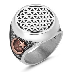 Crescent and Star Flower of Life Sterling Silver Mens Ring 