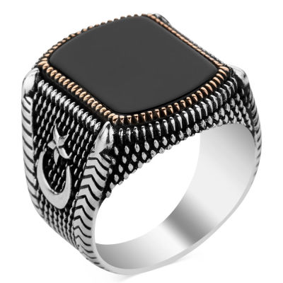 Crescent and Star Ornamented 925 Sterling Silver Mens Ring with Onyx Stone - 2