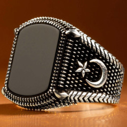 Crescent and Star Ornamented 925 Sterling Silver Mens Ring with Onyx Stone 