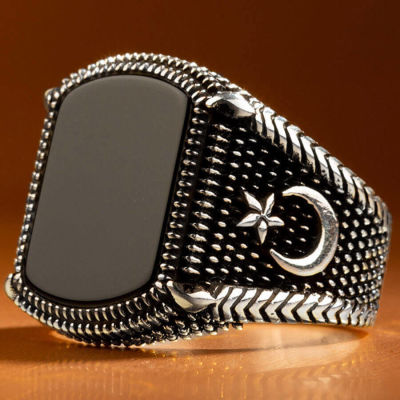 Crescent and Star Ornamented 925 Sterling Silver Mens Ring with Onyx Stone - 1