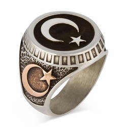 Crescent Star and Ottoman Emblem Turkish Flag Sterling Silver Mens Ring Black 