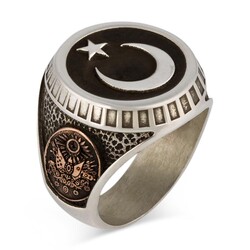 Crescent Star and Ottoman Emblem Turkish Flag Sterling Silver Mens Ring Black - 2