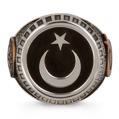 Crescent Star and Ottoman Emblem Turkish Flag Sterling Silver Mens Ring Black - 3