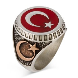 Crescent Star and Ottoman Emblem Turkish Flag Sterling Silver Mens Ring Red 