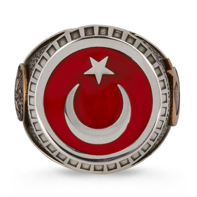 Crescent Star and Ottoman Emblem Turkish Flag Sterling Silver Mens Ring Red - 3