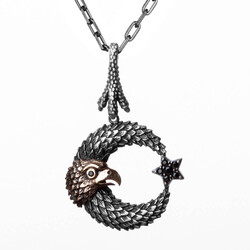 Crescent Star Hawk Patterned Black Stone Silver Men's Necklace 