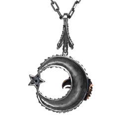 Crescent Star Hawk Patterned Black Stone Silver Men's Necklace - 2