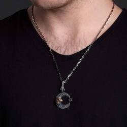 Crescent Star Hawk Patterned Black Stone Silver Men's Necklace - 4