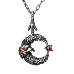 Crescent Star Hawk Patterned Red Stone Silver Men's Necklace 