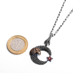 Crescent Star Hawk Patterned Red Stone Silver Men's Necklace - 4