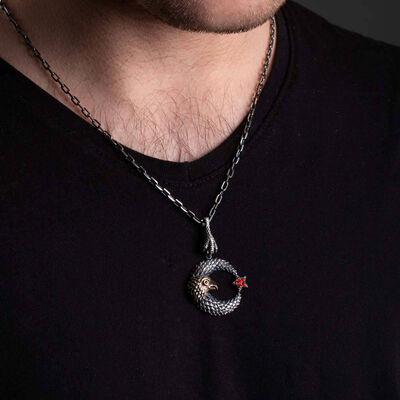 Crescent Star Hawk Patterned Red Stone Silver Men's Necklace - 3