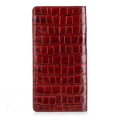 Croc Embossed Leather Long Wallet with Cellphone Holder Burgundy - 4