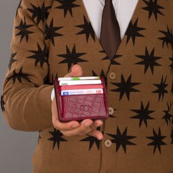 Practical Design Croco Leather Slim Card Holder Wallet with Gripper Burgundy - 7