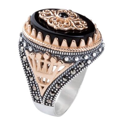Crown of King Patterned Black Onyx Stone Silver Men's Ring - 1