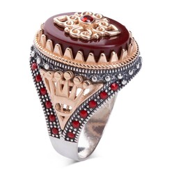 Crown of King Patterned Burgundy Zircon Stone Silver Men's Ring 