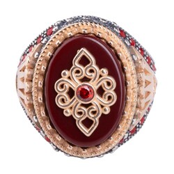 Crown of King Patterned Burgundy Zircon Stone Silver Men's Ring - 2