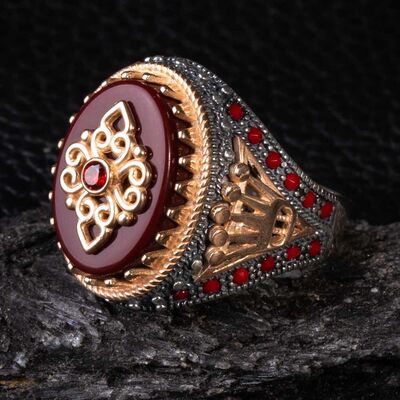 Crown of King Patterned Burgundy Zircon Stone Silver Men's Ring - 5