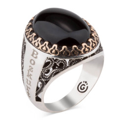 Customizable Silver Mens Ring with Black Onyx Stone 