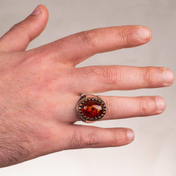 Customizable Silver Mens Ring with Orange Synthetic Stone - 4