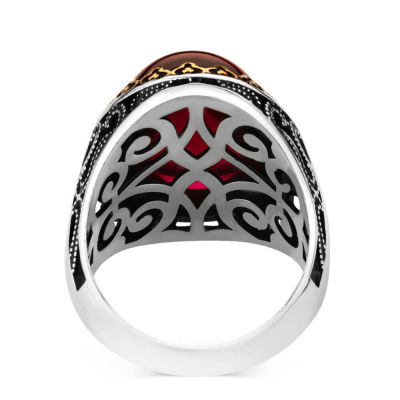 Customizable Silver Mens Ring with Orange Synthetic Stone - 3