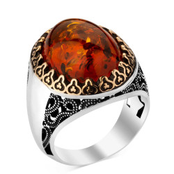 Customizable Silver Mens Ring with Orange Synthetic Stone - 1
